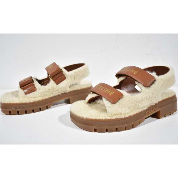 Celine Leo Scratch Sandal Shearling Fur Tan Leather Logo Strap Platform Flat 37 - Picture 9 of 12